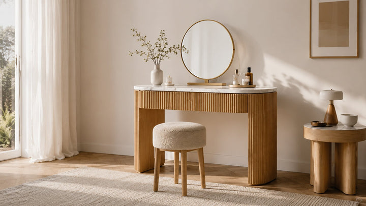 modern dressing table mirror 43.3" Vanity Set With Flip Top And Led Light, Dres The distinctive fluted waveform panels add a touch of elegance and uniqueness to the design Modern Minimalist Wall-Mounted Dressing Table