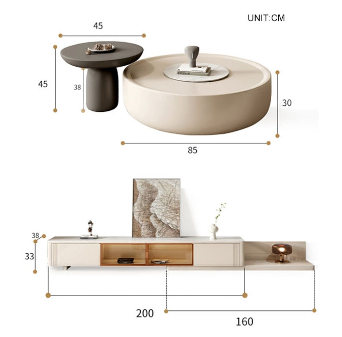 Eudora Modern Nesting Coffee Table Set With TV Stand, Cream And Grey