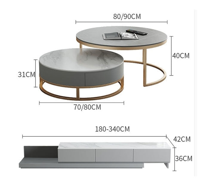 Table basse gigogne ronde grise Lvinta avec meuble TV, base dorée 