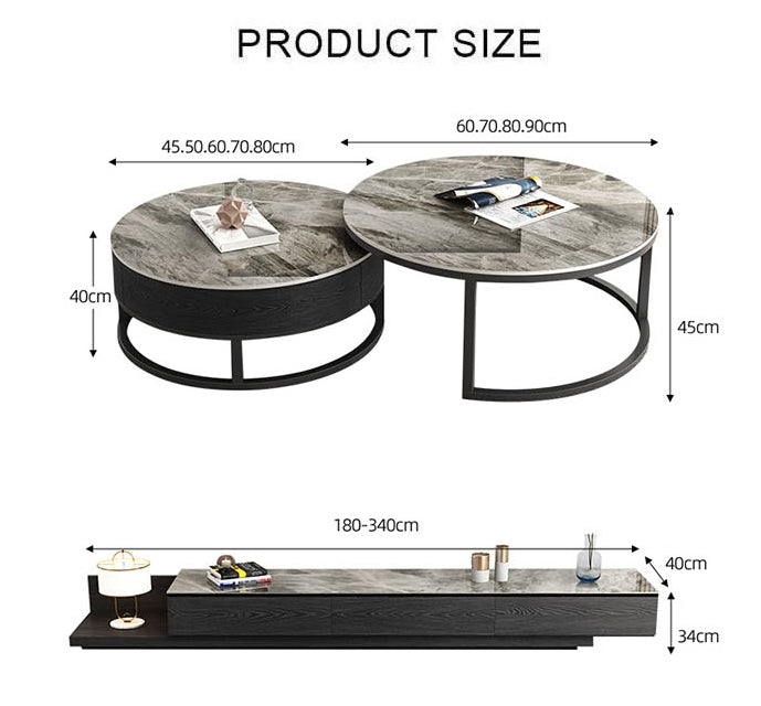 Gibs Nesting Coffee Table With TV Stand Set, Sintered Stone