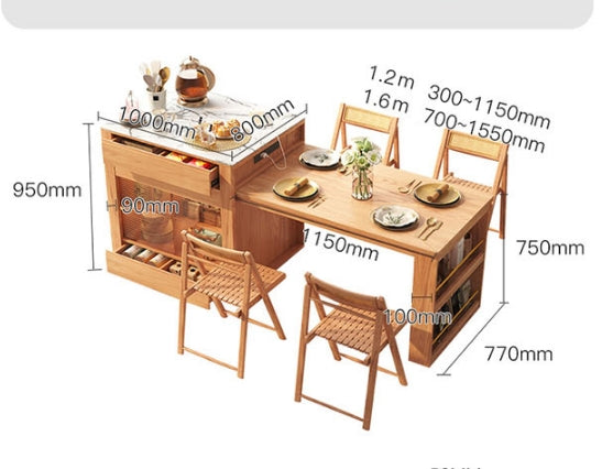 Table de salle à manger extensible avec îlot de bar Valérie, chêne, avec chargeur USB