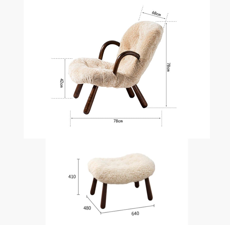Classic Sheepskin Clam Armchair, Wood Armrest