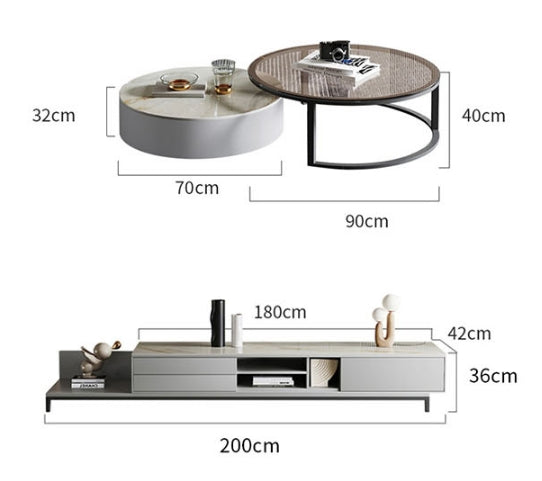 CHI Morden Round Nesting Coffee Table With TV Stand, Black Leg