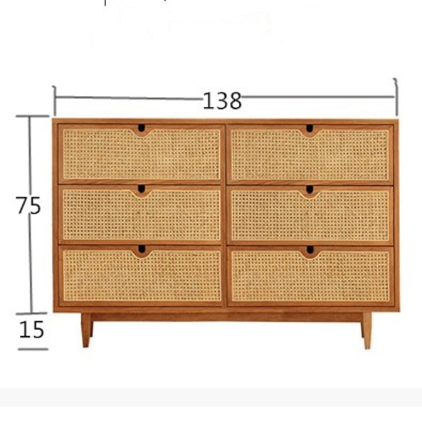 Pavia Chests Of Drawers, Natural Rattan & Oak-Weilai Concept-6 Drawers 138x40x90cm-Weilai Concept