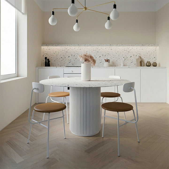 Cracky White Round Dining Table, Premium Terrazzo And Wood Base dining table