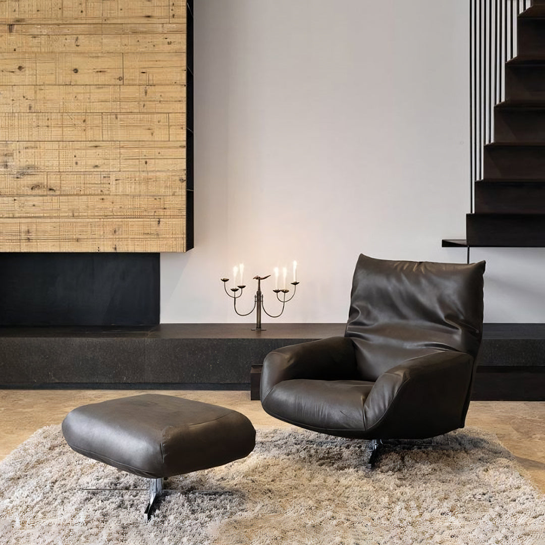 Schmidt Chiara Lounge Chair With Footstool, Swivel, Real Leather-Weilai Concept-Weilai Concept