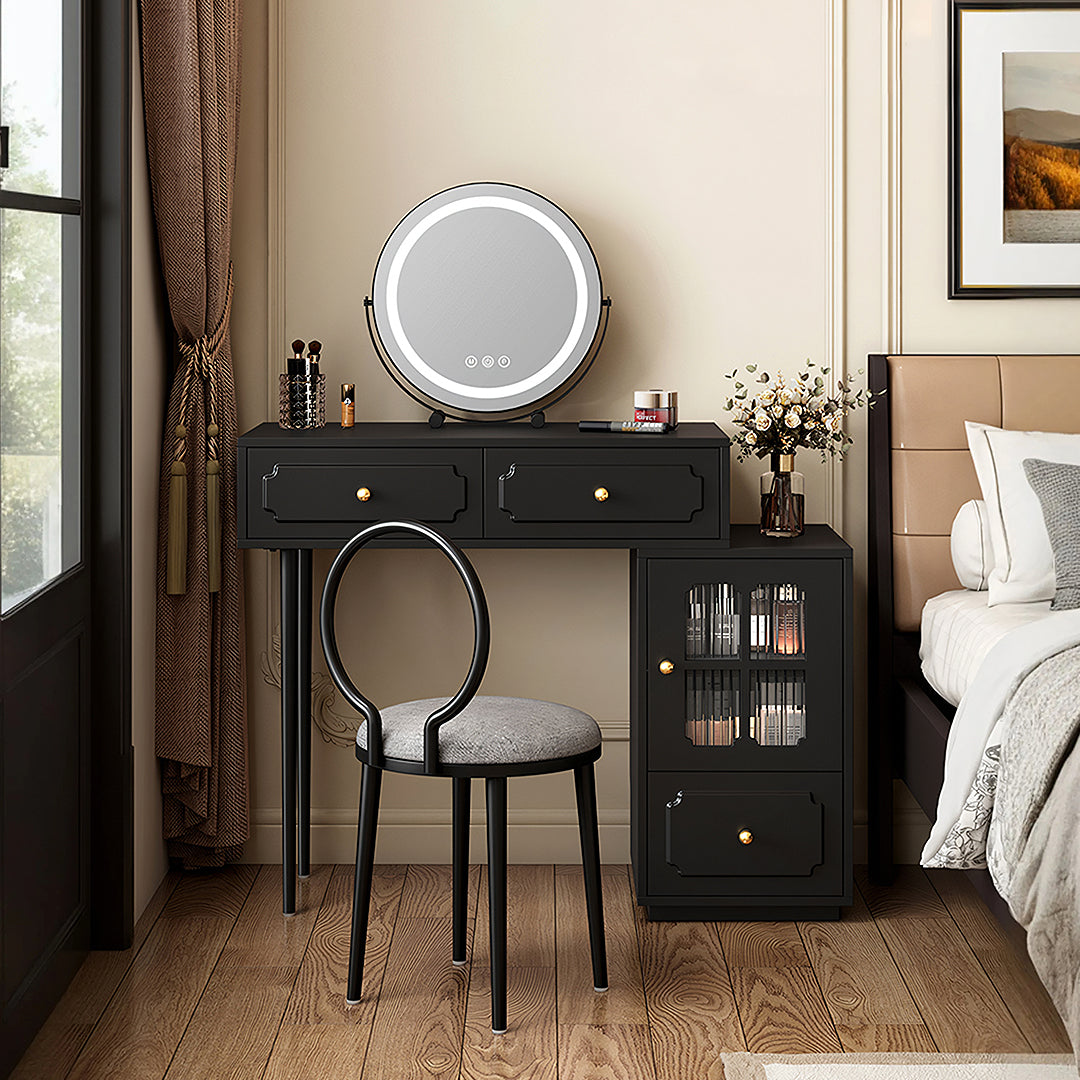 Scarlett Dressing Table With Side Cabinet & LED Mirror, Black-Weilai Concept-Weilai Concept