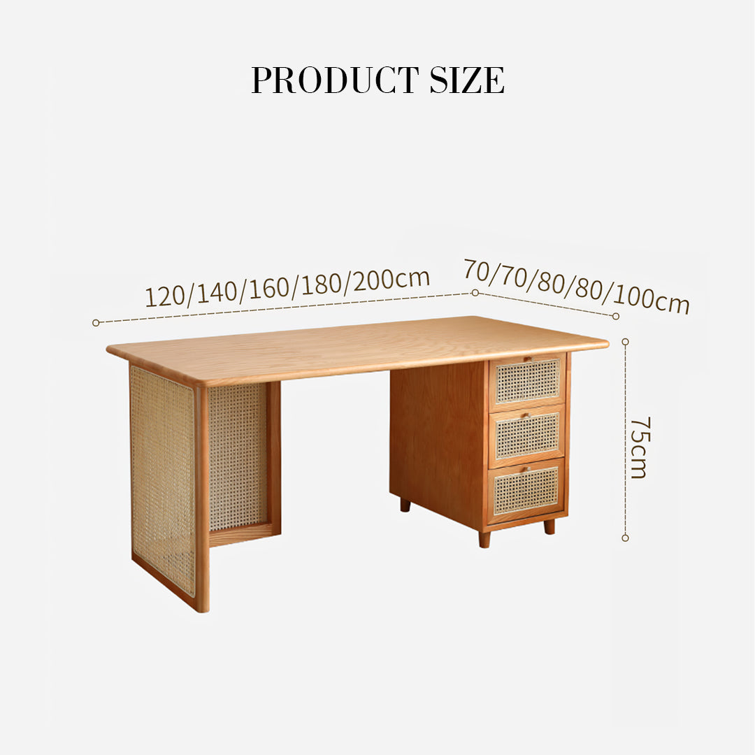 Anya Office Desk With Storage & Office Chair, Ash Wood & Rattan-Weilai Concept-Weilai Concept