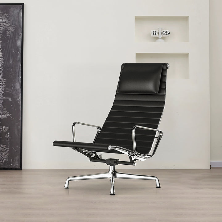 Qureshi Swivel Office Chair With Footstool, Black Leather-Weilai Concept
