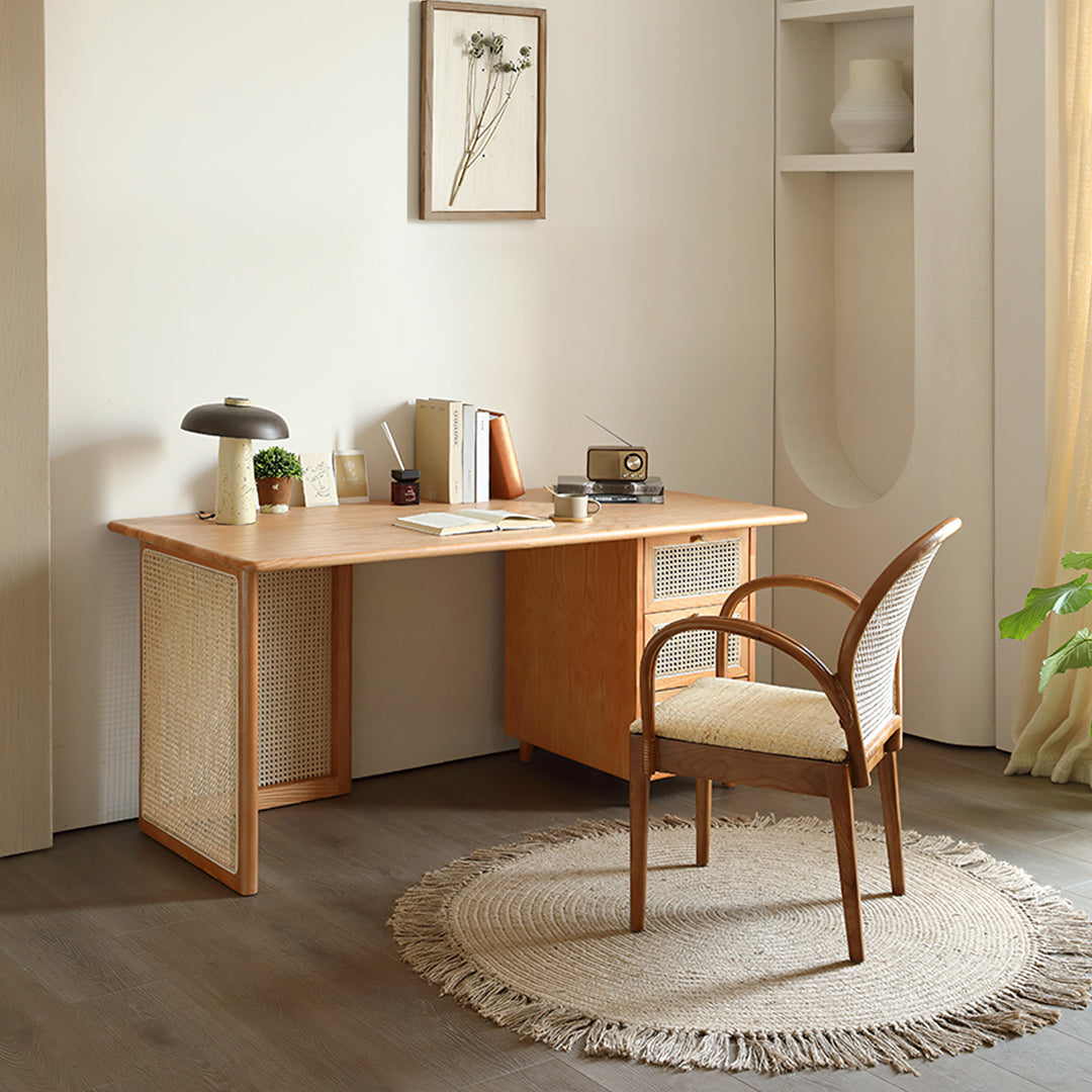 Anya Office Desk With Storage & Office Chair, Ash Wood & Rattan-Weilai Concept-Weilai Concept