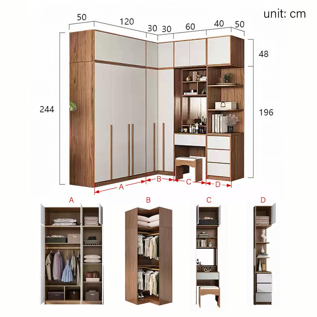 Nascimento Corner Wardrobe, Tall Wardrobe, L Shape Wardrobe With Dressing Table-Weilai Concept-150cm + 130cm-Weilai Concept