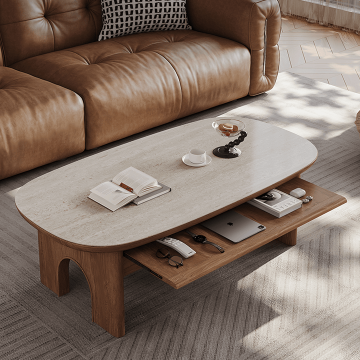 Saito Coffee Table With Storage, Wood, Oval coffee table