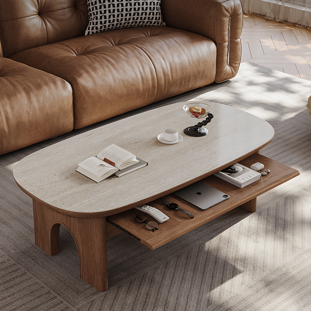 Saito Coffee Table With Storage, Wood, Oval-Weilai Concept-Weilai Concept