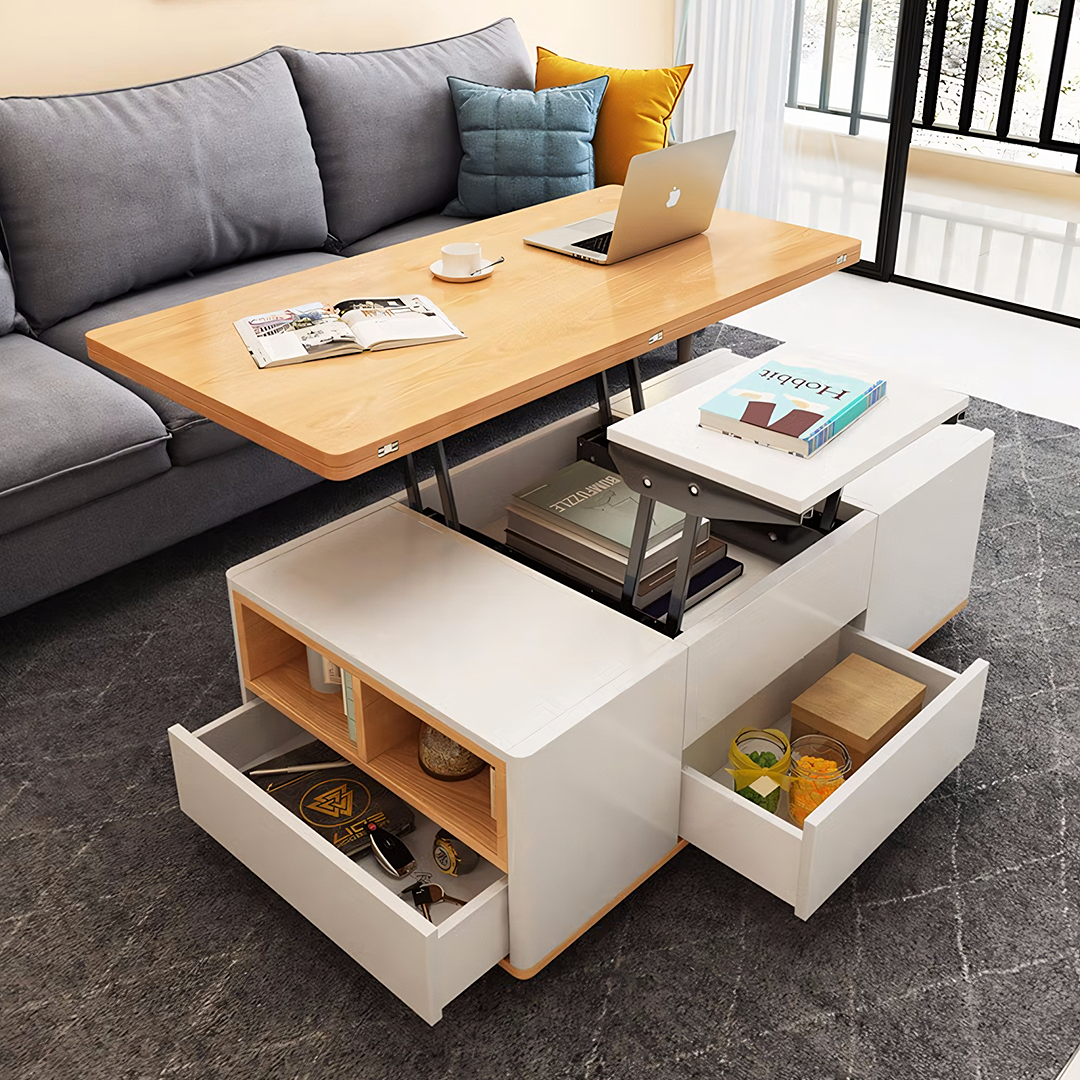 Nisha Lift Top Coffee Table, Multi-Functional Foldable Coffee Table, White & Oak