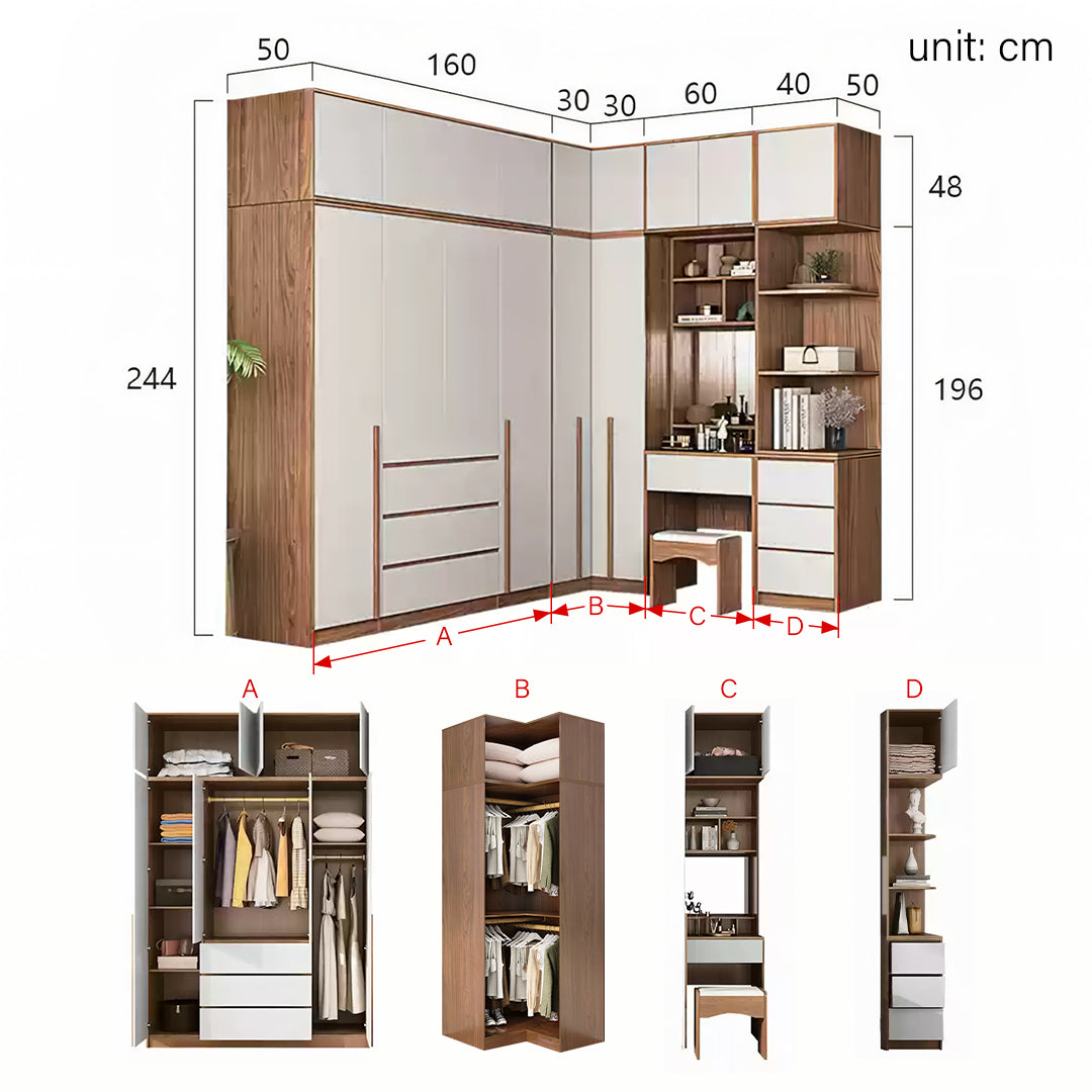 Nascimento Corner Wardrobe, Tall Wardrobe, L Shape Wardrobe With Dressing Table-Weilai Concept-190cm + 130cm-Weilai Concept