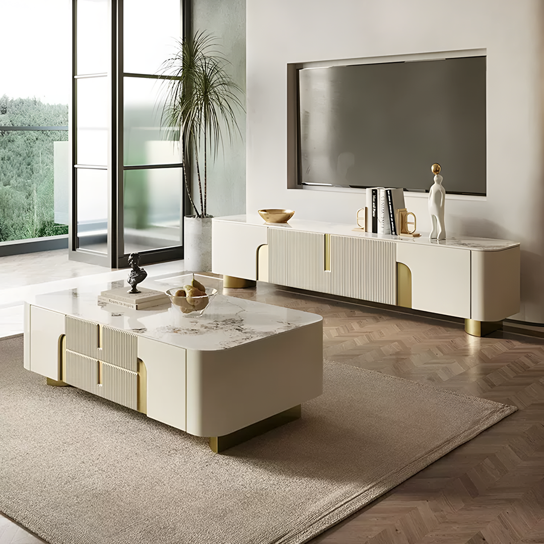 Mueble de TV Athena, color crema y dorado 