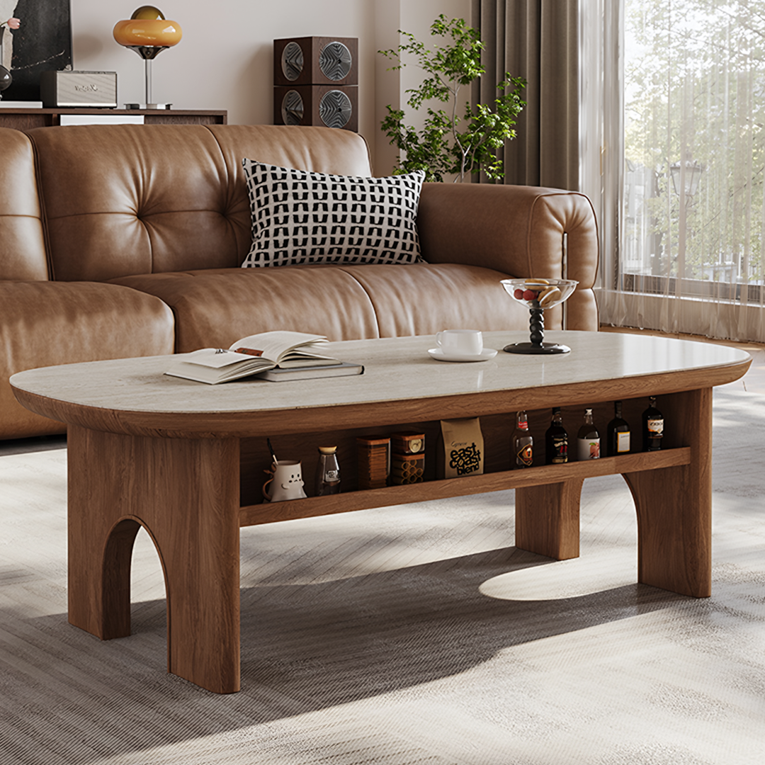 Saito Coffee Table With Storage, Wood, Oval