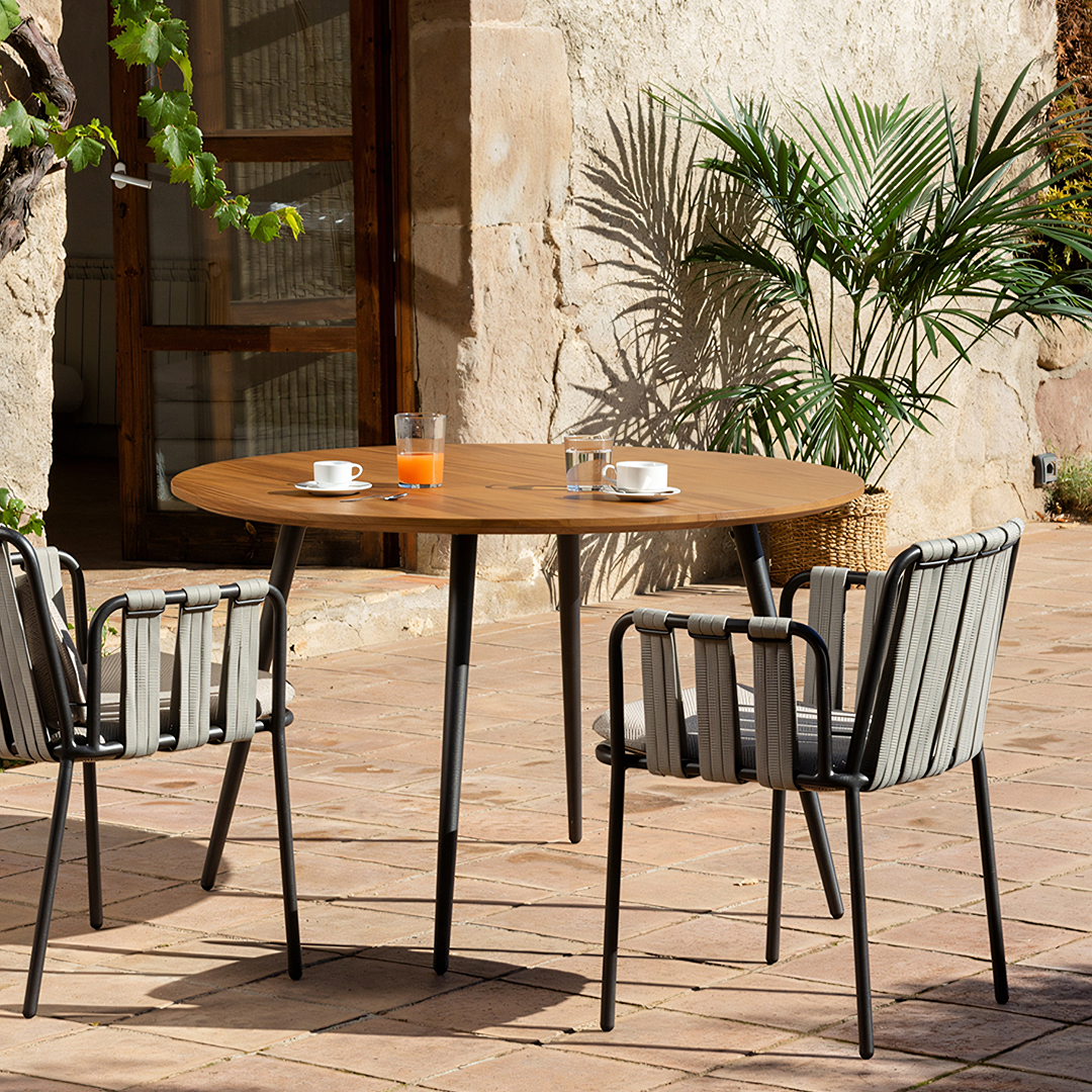 Mesa de comedor redonda y silla de comedor para exteriores Artemis, para patio y jardín 