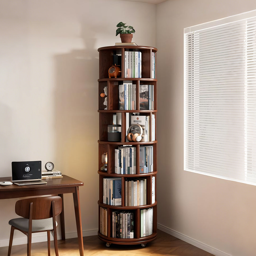 Stojanovic Round Rotating Bookshelf, Corner Bookshelf With Castors
