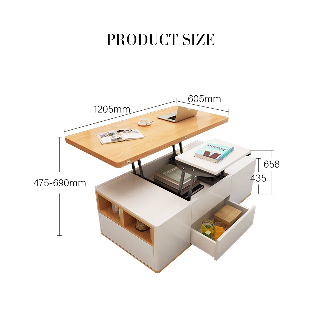 Nisha Lift Top Coffee Table, Multi-Functional Foldable Coffee Table, White & Oak