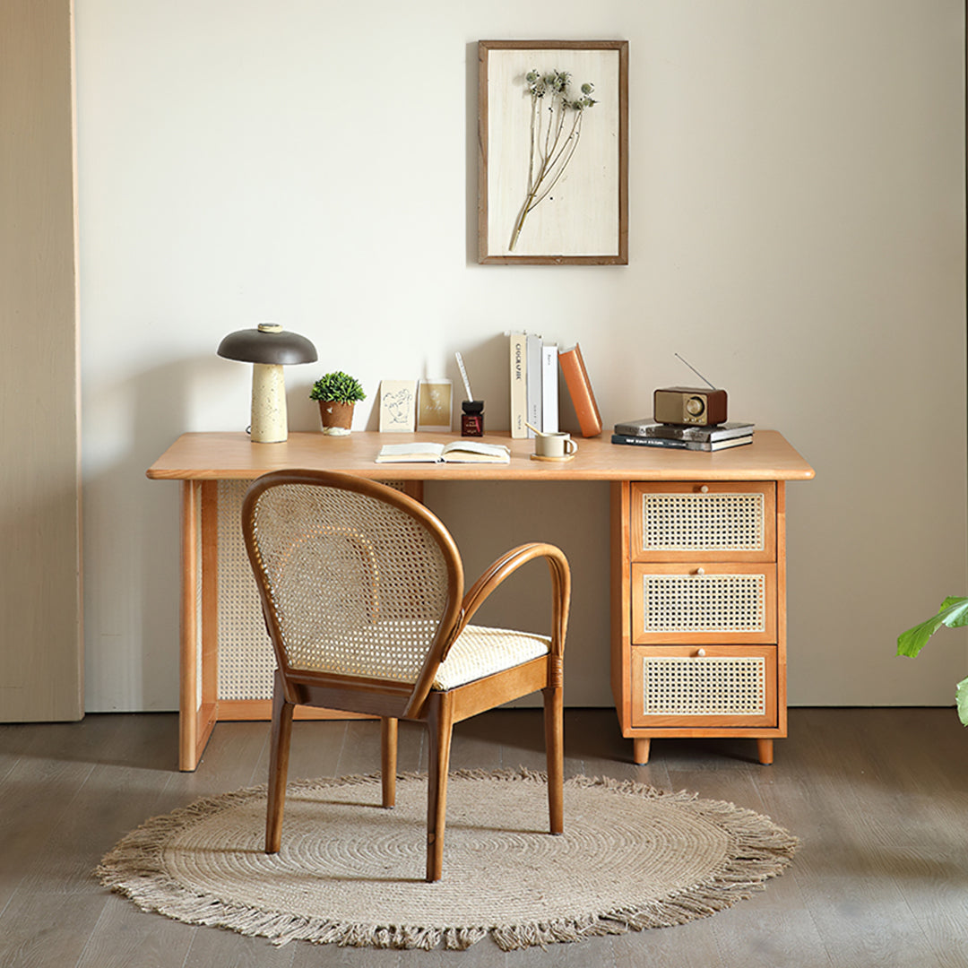 Anya Office Desk With Storage & Office Chair, Ash Wood & Rattan-Weilai Concept-Weilai Concept