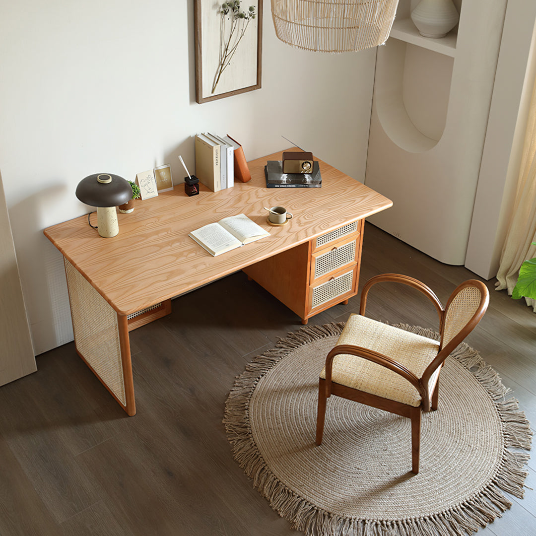 Anya Office Desk With Storage & Office Chair, Ash Wood & Rattan-Weilai Concept-Weilai Concept