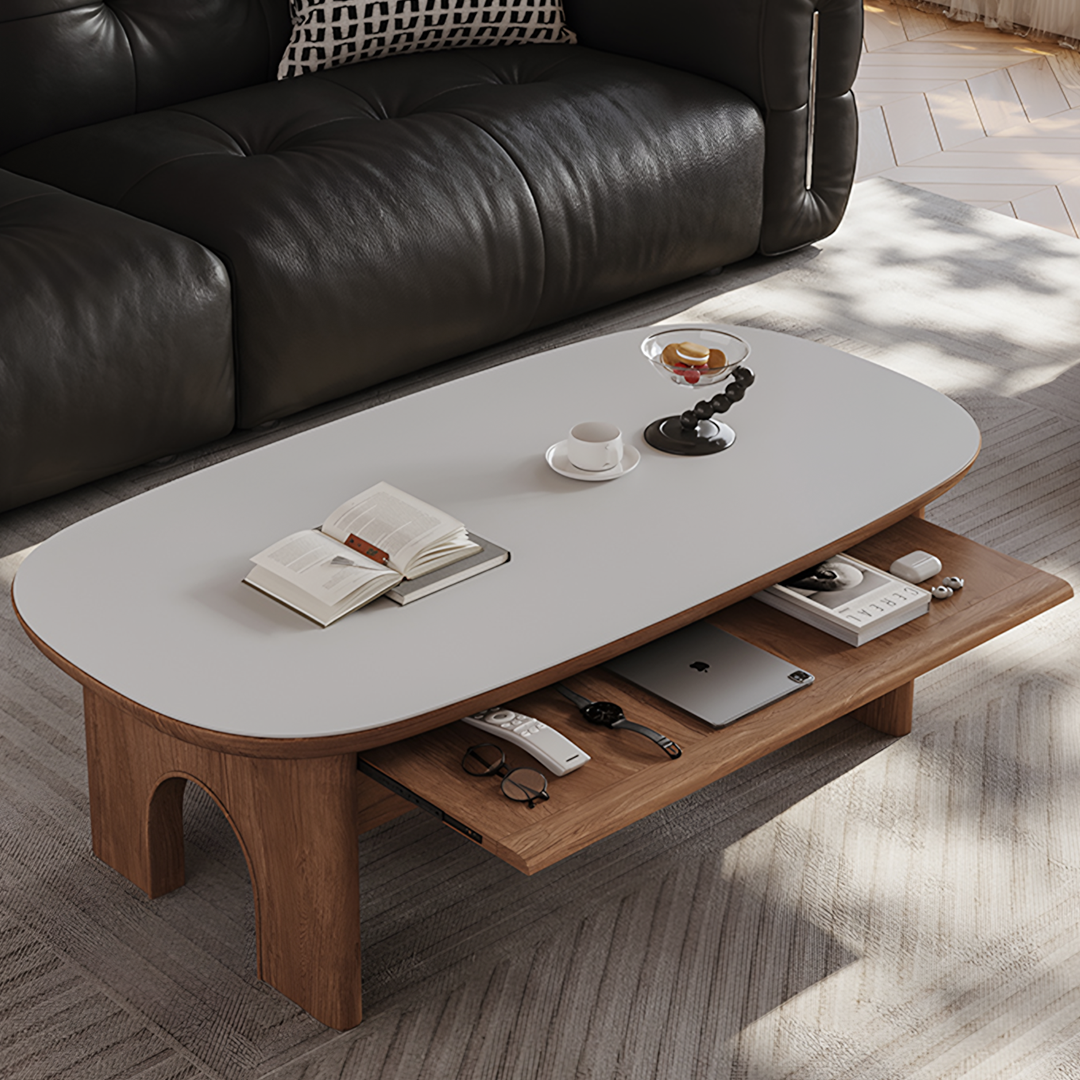 Saito Coffee Table With Storage, Wood, Oval