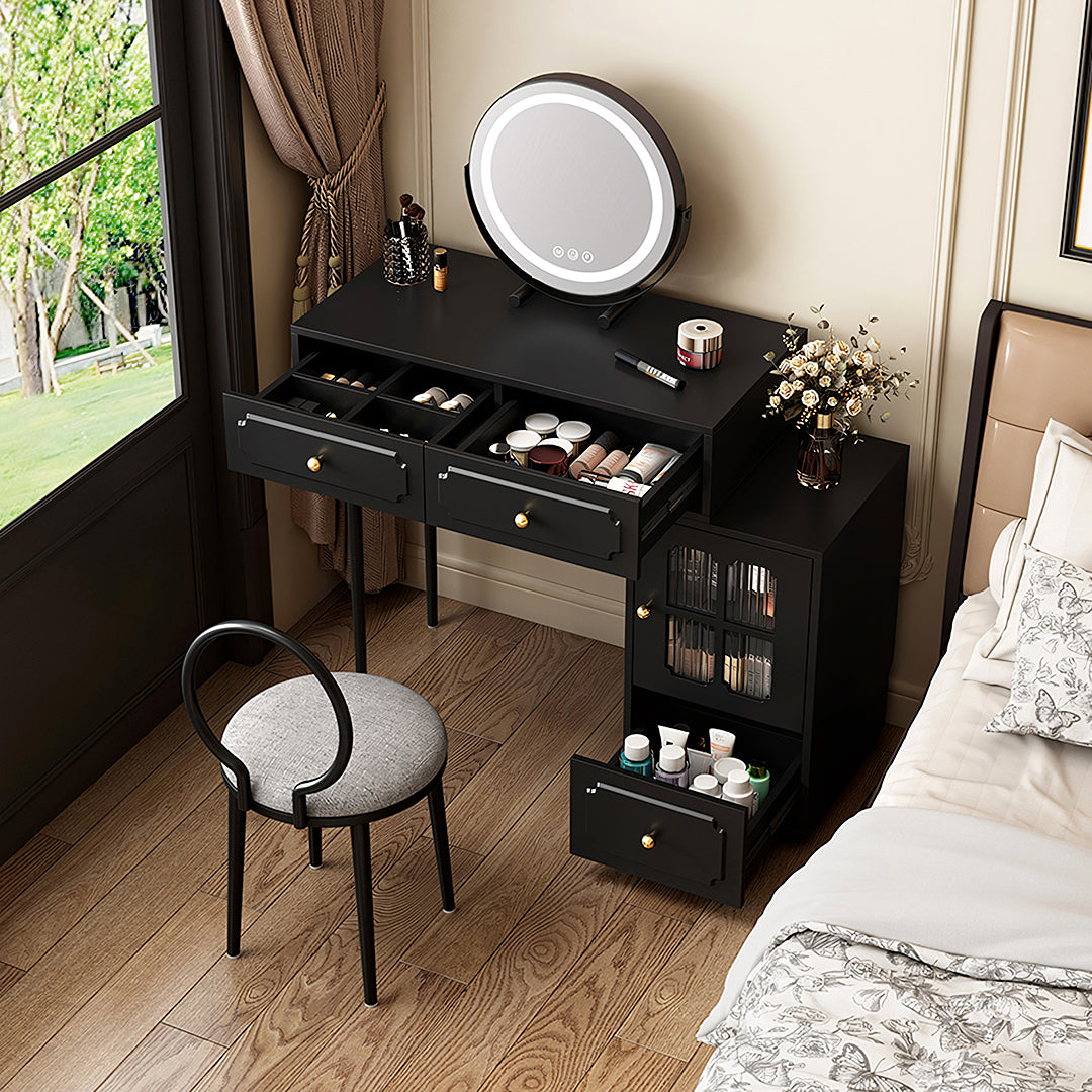 Scarlett Dressing Table With Side Cabinet & LED Mirror, Black-Weilai Concept-Weilai Concept