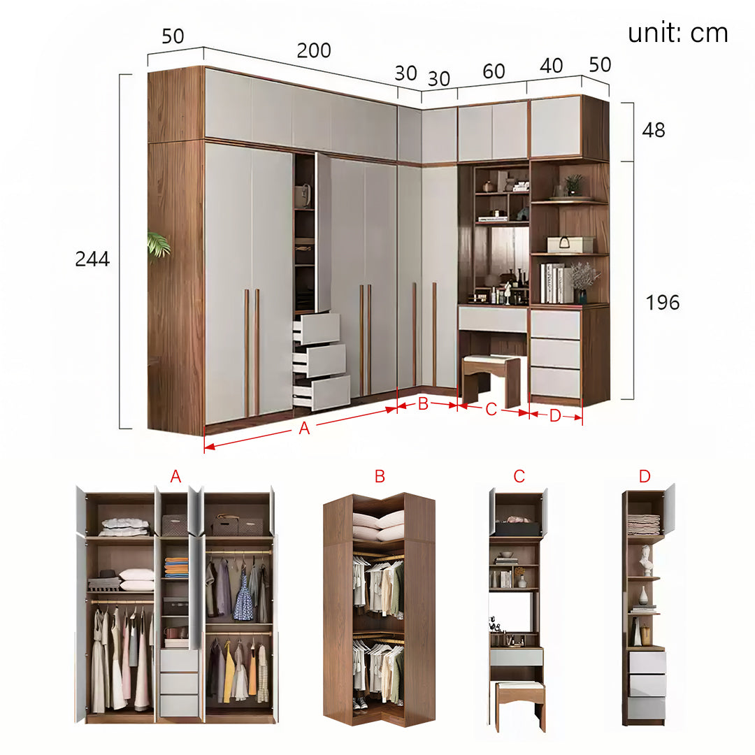 Nascimento Corner Wardrobe, Tall Wardrobe, L Shape Wardrobe With Dressing Table-Weilai Concept-230cm + 130cm-Weilai Concept