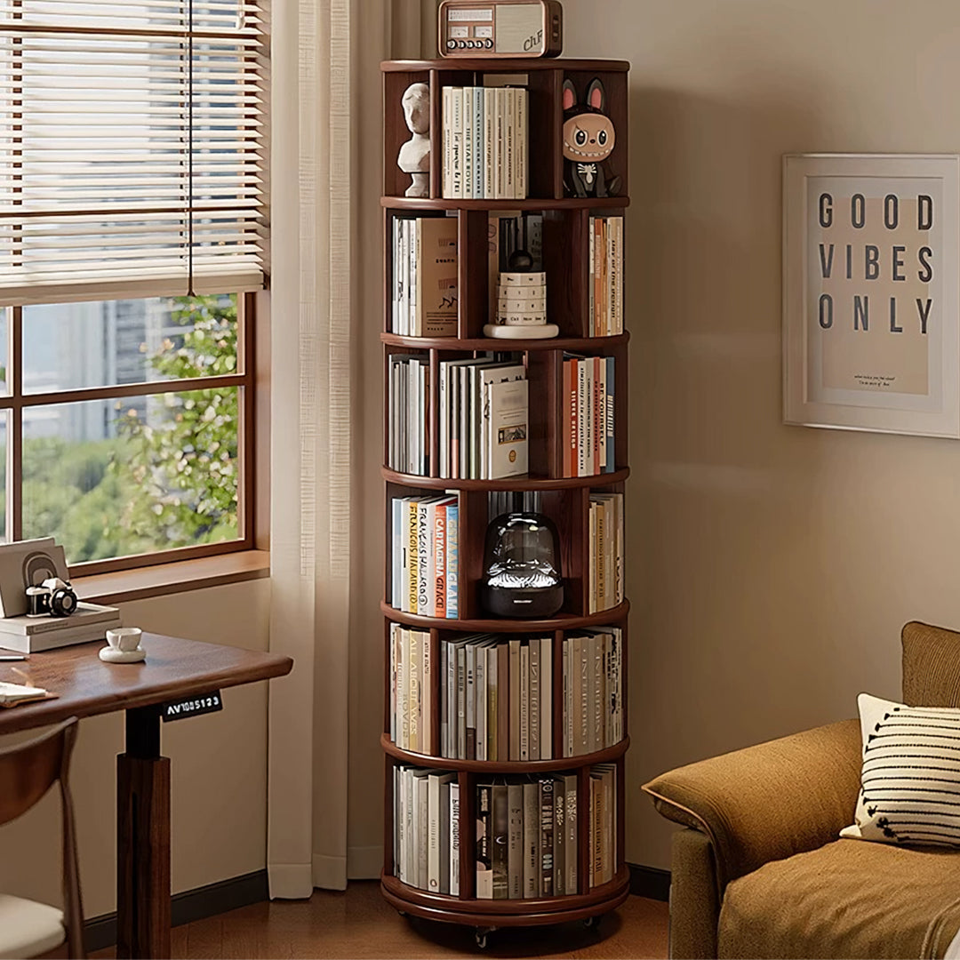 Stojanovic Round Rotating Bookshelf, Corner Bookshelf With Castors