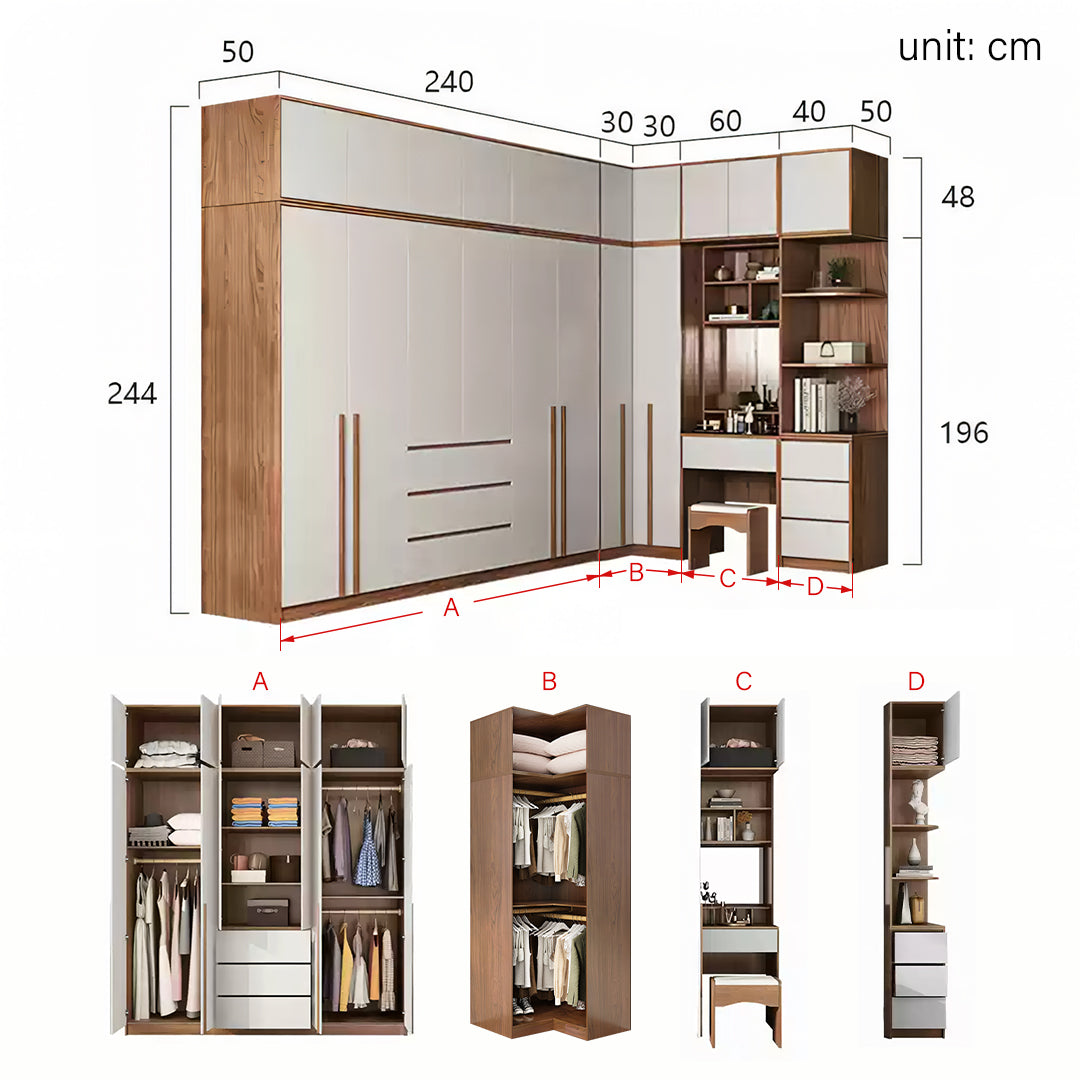 Nascimento Corner Wardrobe, Tall Wardrobe, L Shape Wardrobe With Dressing Table-Weilai Concept-270cm + 130cm-Weilai Concept