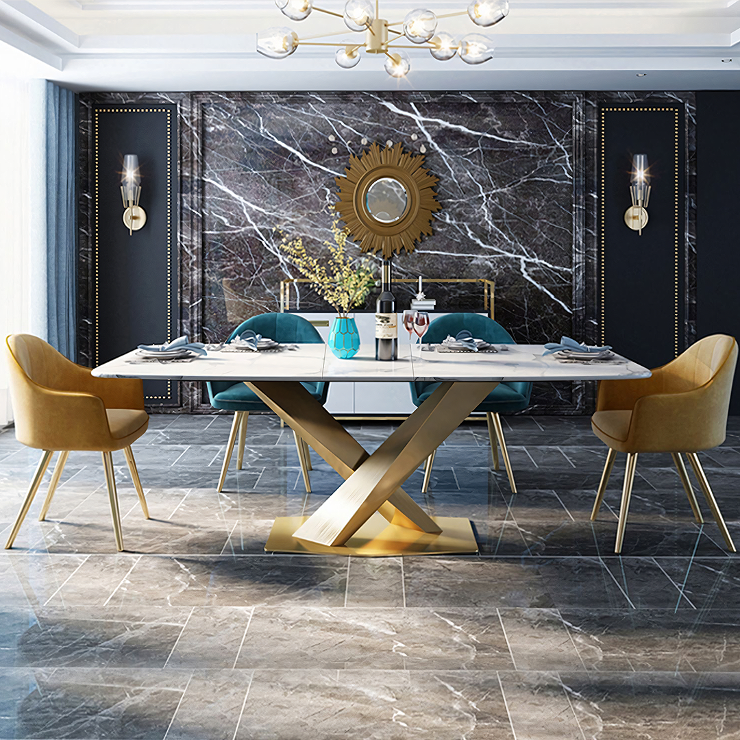 LUCI Dining Table, Marble And Gold Metal-Weilai Concept-Weilai Concept