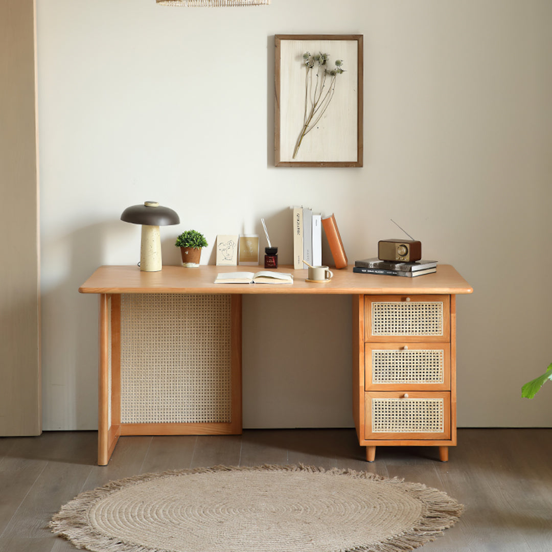 Anya Office Desk With Storage & Office Chair, Ash Wood & Rattan-Weilai Concept-Weilai Concept