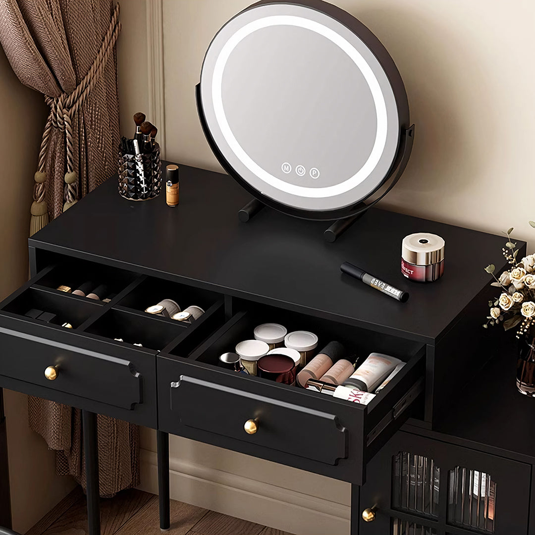 Scarlett Dressing Table With Side Cabinet & LED Mirror, Black-Weilai Concept-Weilai Concept