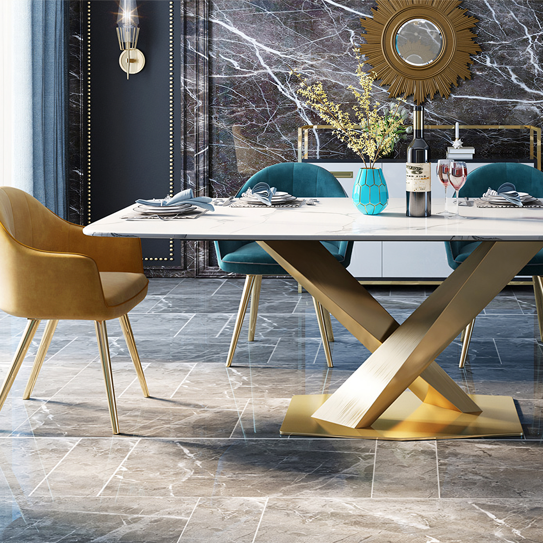 LUCI Dining Table, Marble And Gold Metal-Weilai Concept-Weilai Concept