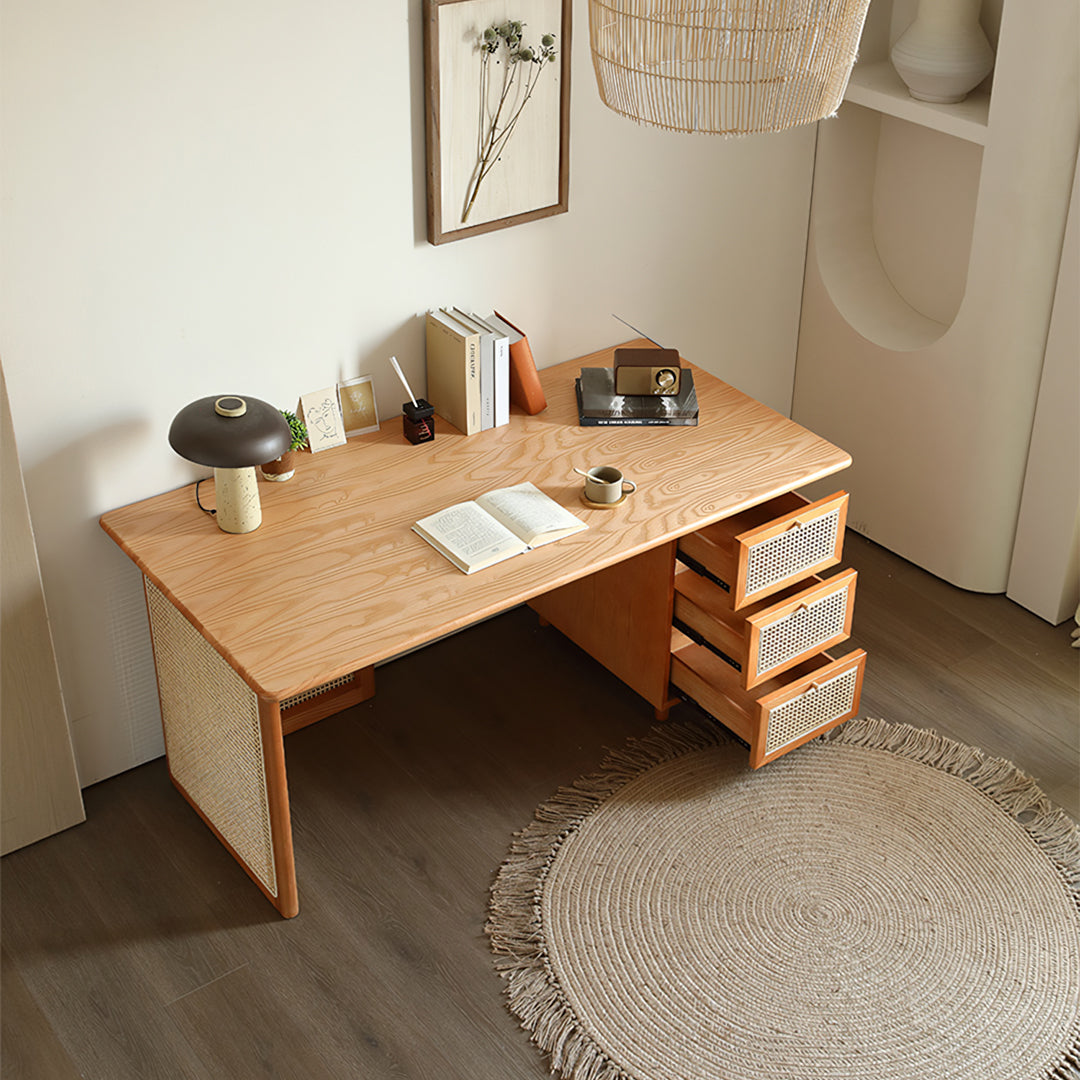 Anya Office Desk With Storage & Office Chair, Ash Wood & Rattan-Weilai Concept-Weilai Concept