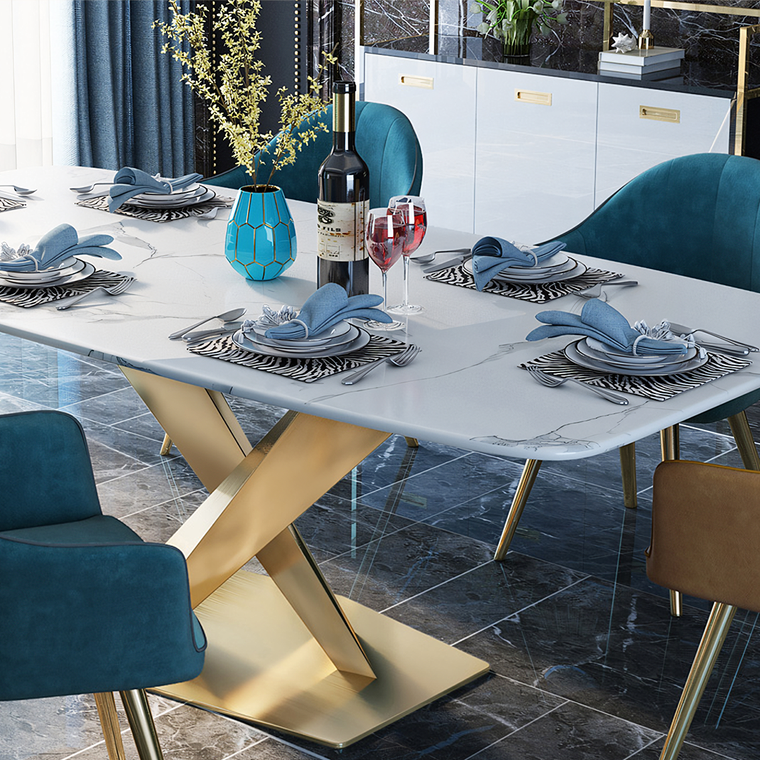 LUCI Dining Table, Marble And Gold Metal-Weilai Concept-Weilai Concept