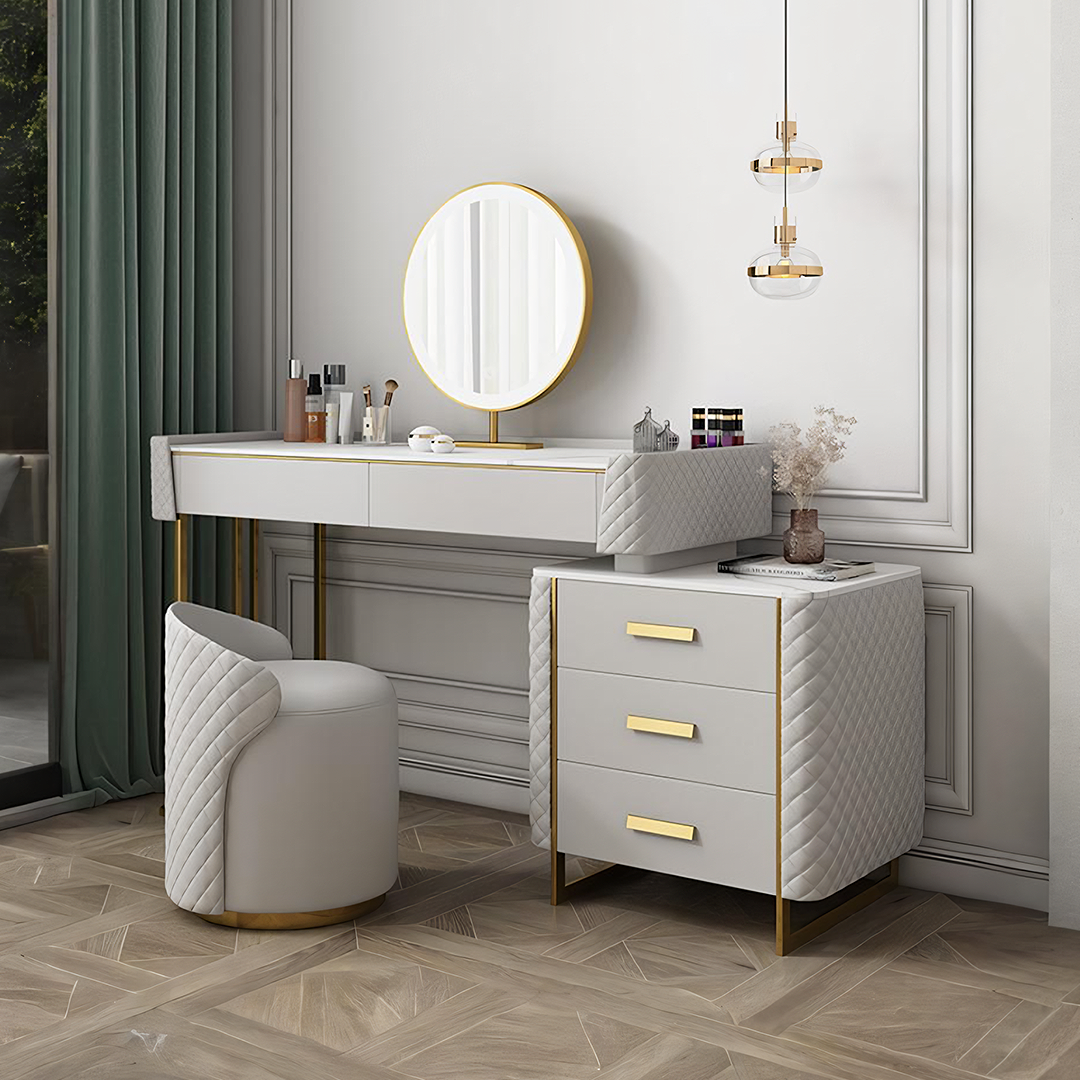 Allurea Dressing Table With LED Mirror, Greyish Cream-Weilai Concept-Weilai Concept