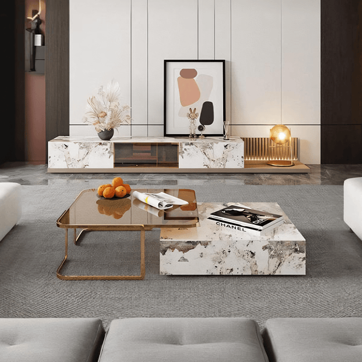 AnMoo Nesting Coffee Table Set With TV Stand, Golden Base coffee table