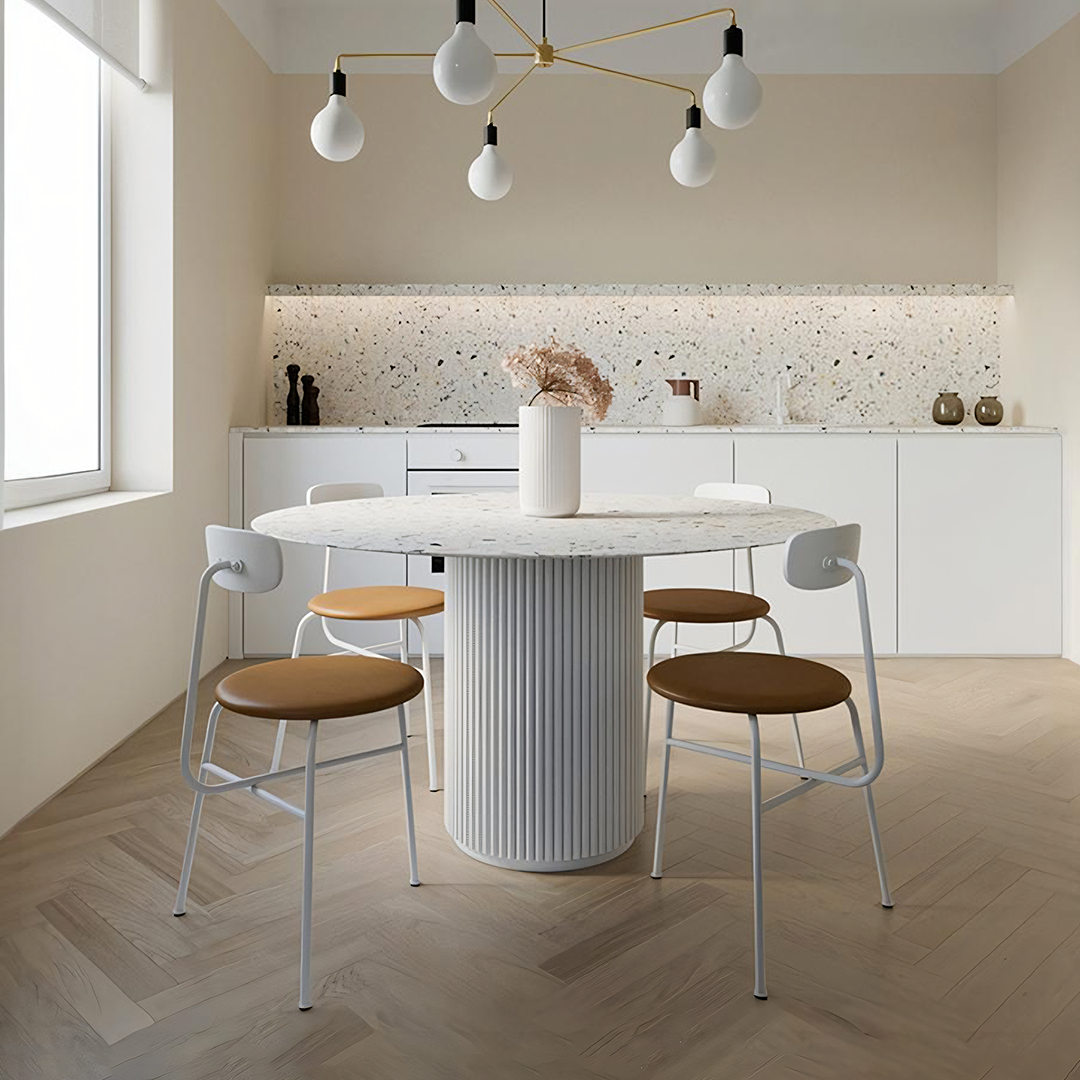 Table de salle à manger ronde blanche craquelée, terrazzo de qualité supérieure et base en bois