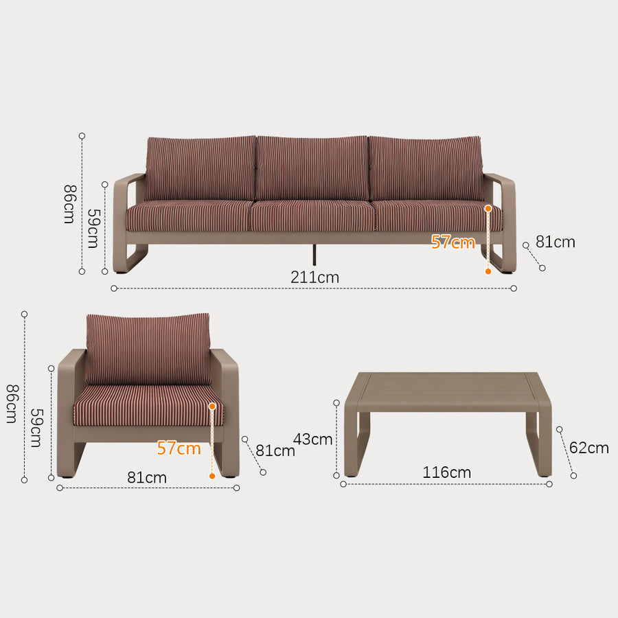 Dante outdoor sofa set in aluminium with rust red stripe and taupe cushions