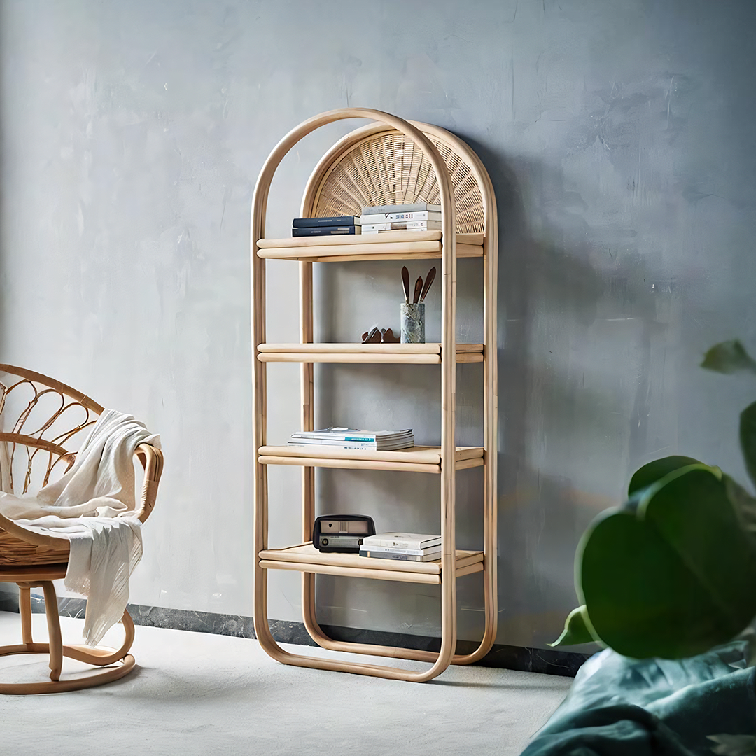 Derek Rattan Bookcase, Shelving Unit, Oak-Weilai Concept-Weilai Concept