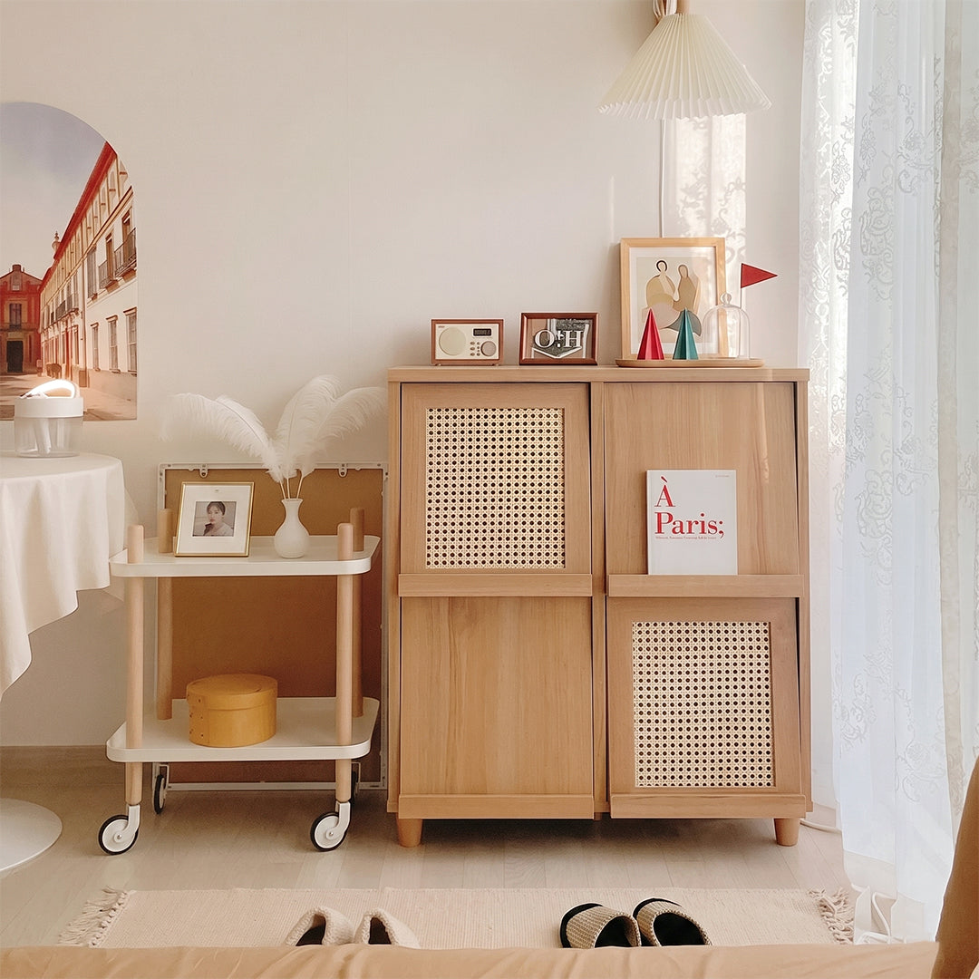 Iskandar Sideboard With Magazine Rack, Solid Wood & Rattan， Storage