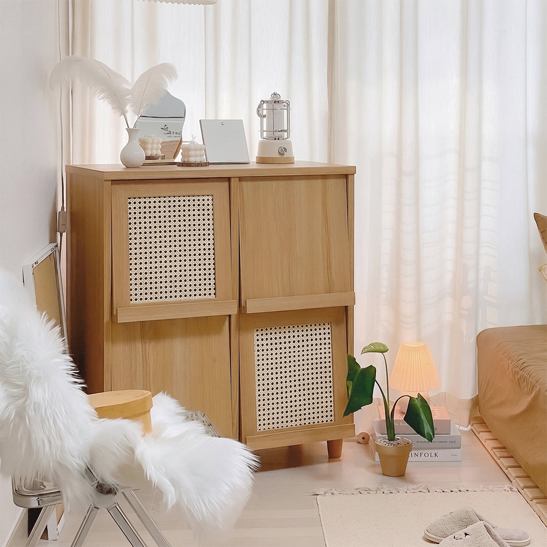 Iskandar Sideboard With Magazine Rack, Solid Wood & Rattan， Storage