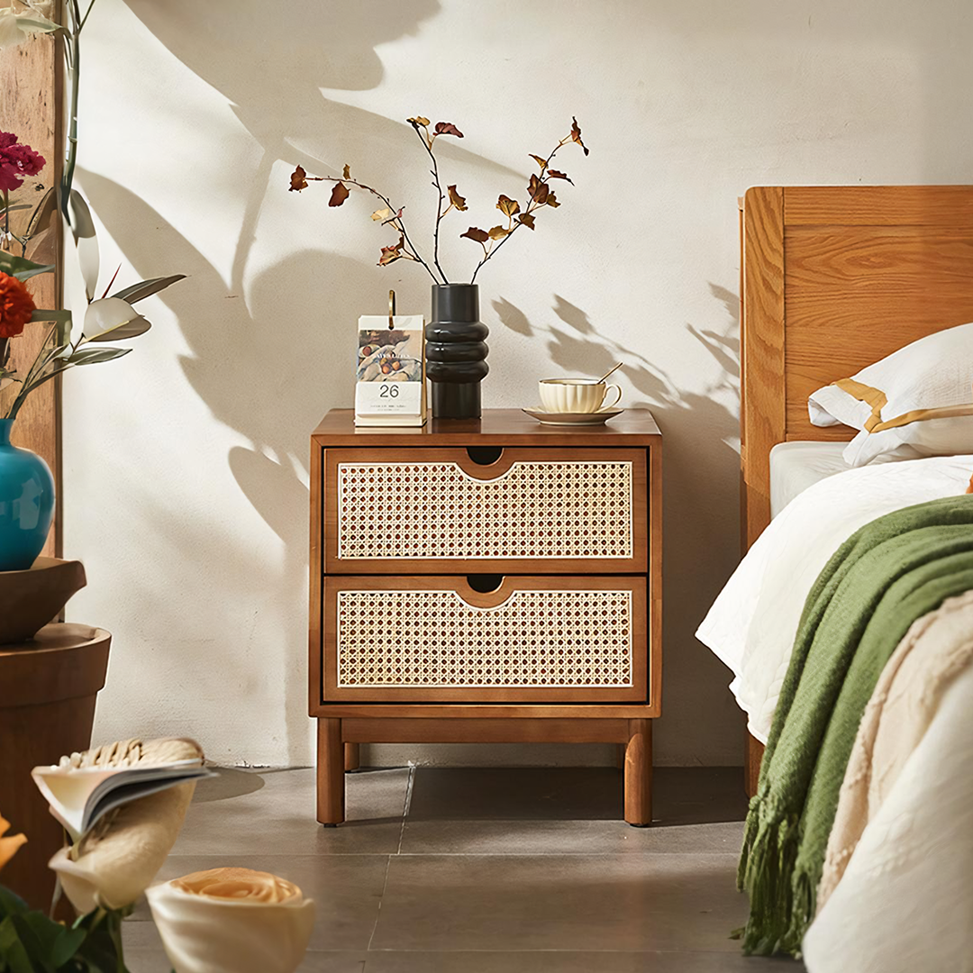 Kogi Bedside Table Solid Wood, Rattan