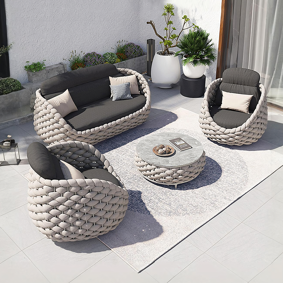 Marbella Textilene Rope Woven Outdoor Sofa Set, Grey-Weilai Concept-Weilai Concept