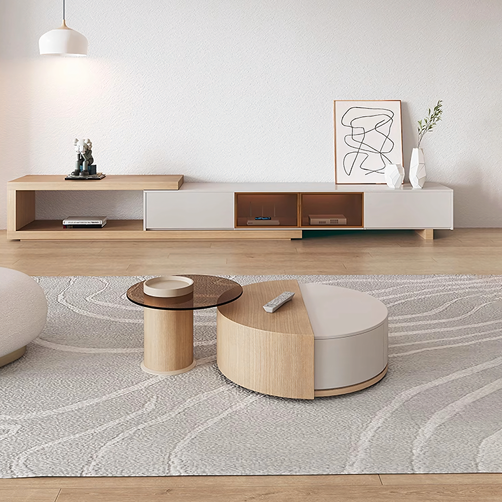 Ndre Nesting Revolving Coffee Table With Extendable TV Stand, Living Room Set-Weilai Concept-Coffee Table-Weilai Concept