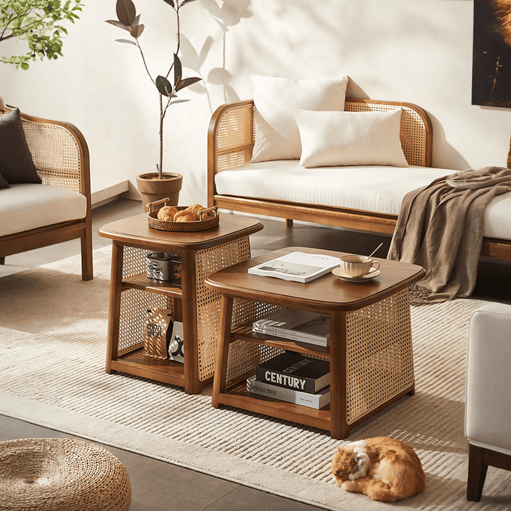 Nordic Square Coffee Table Set, Rattan coffee table
