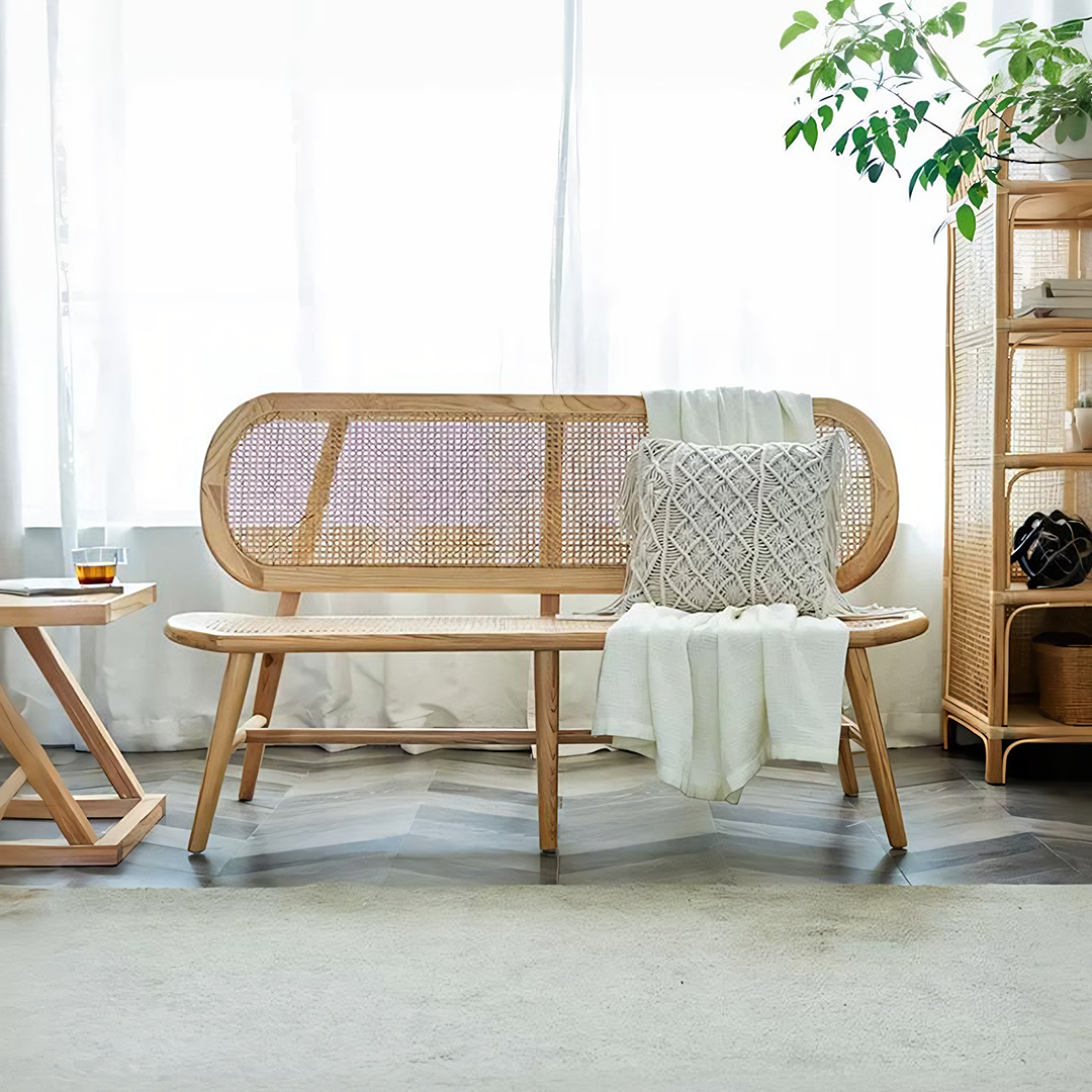 Penny Cane Rattan Bench, Oak-Sofas-Weilai Concept-Weilai Concept