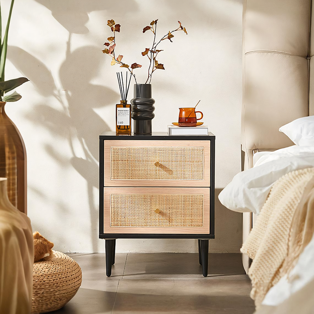 Tsaatan Wood Bedside Table, Rattan, Black-Weilai Concept-Weilai Concept